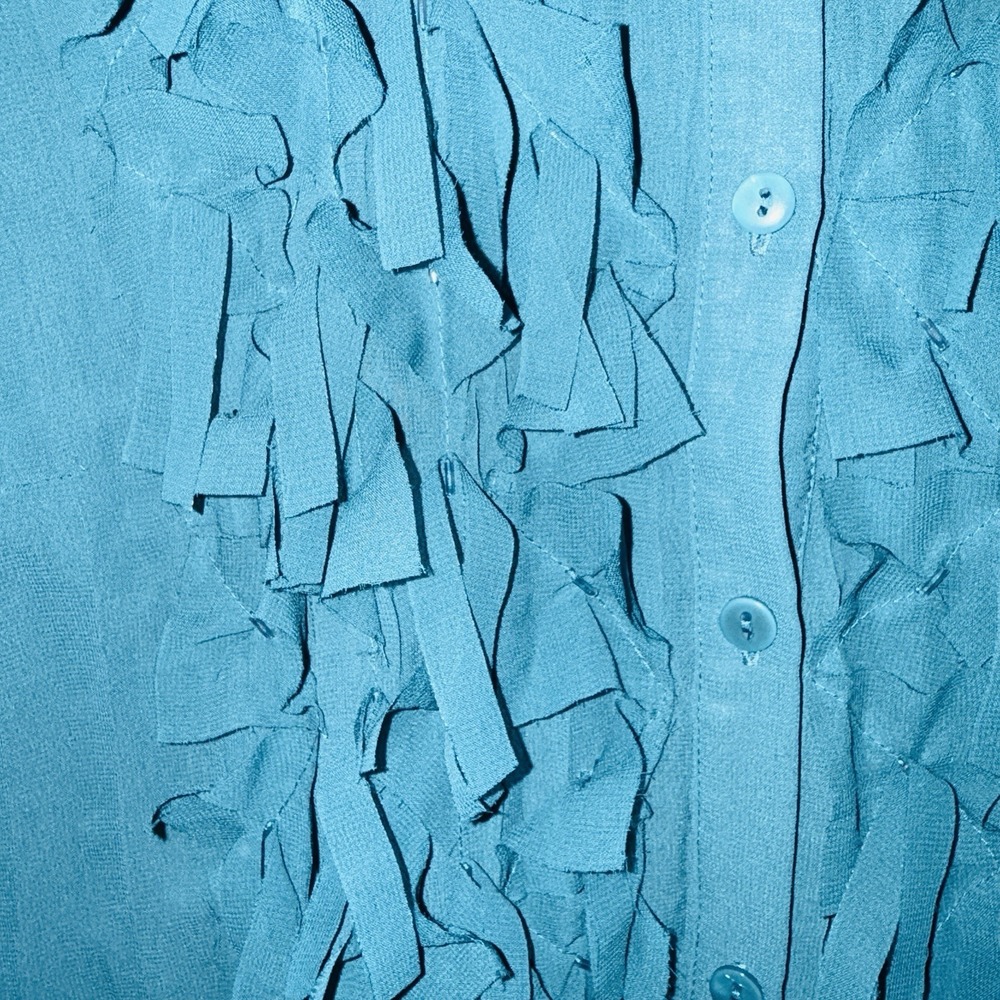 Notations Teal Ruffle Blouse M Sheer Crinkle Texture Bell Sleeve Y2K Fairycore - Picture 7 of 9